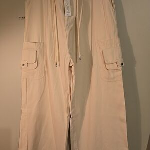 She+sky Womens Wide Leg Cream Drawstring Elastic Waist Pants Size L NEW